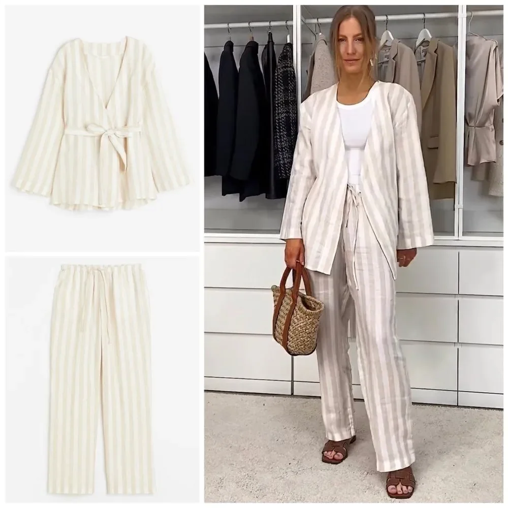 H&M Co-Ord 100% Linen Striped Set Pants Top New